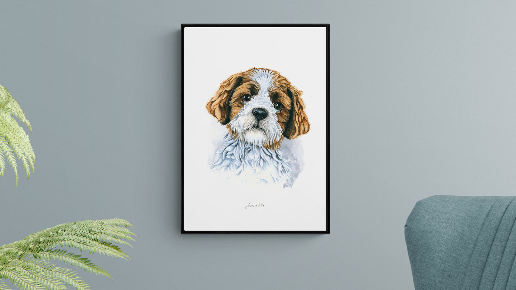 Schilderij van een boomer hondje.