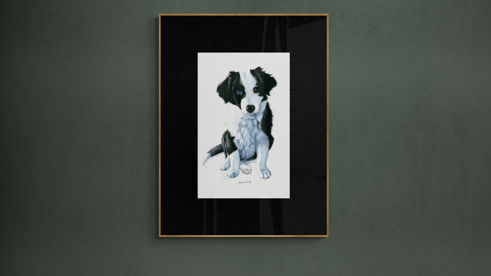 Schilderij van een border collie / australian shepherd puppy.